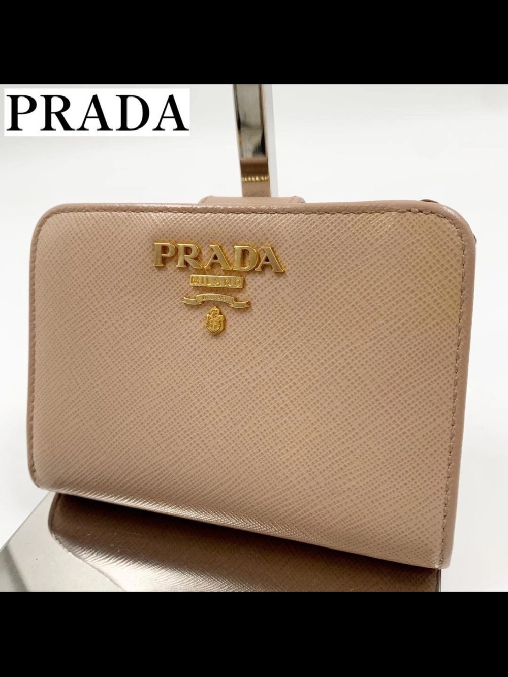 PRADA Pink-Beige Saffiano Leather Zip Wallet with Gold Logo